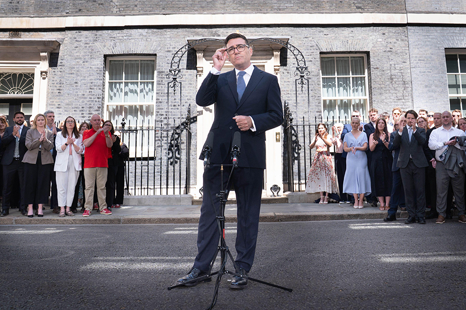 New Prime Minister Andy Burnham makes a speech outside 10 Downing Street, London, after meeting King Charles III and accepting his invitation to become Prime Minister and form a new government.