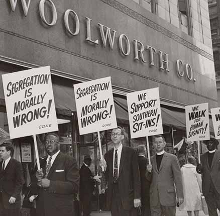 Ministers picket F.W. Woolworth store in New York City, on April 14, 1960, in protest of the store's lunch counter segregation