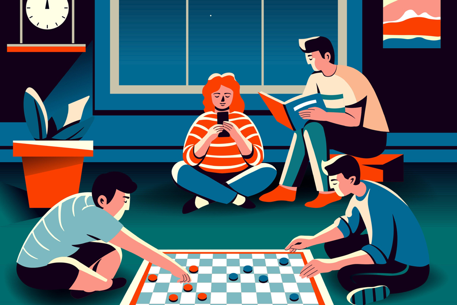 Illustration vectorielle représentant deux enfants jouant aux dames et un couple de parents en train de lire