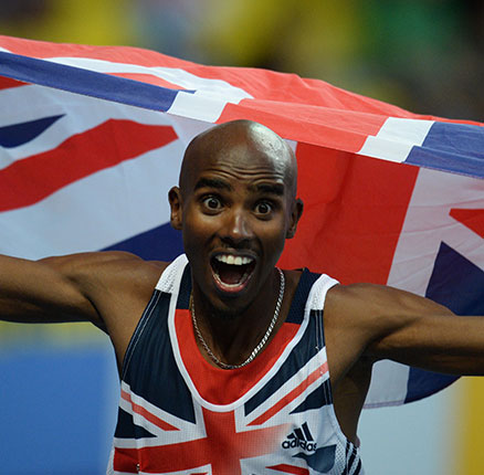 Moscow, Russia. 16th Aug, 2013. Mo Farah of Great Britain celebrates after winning the Men's 5000m Final at the 14th IAAF World Championships in Athletics at Luzhniki Stadium in Moscow, Russia, 16 August 2013. Photo: Bernd Thissen/dpa/Alamy Live News