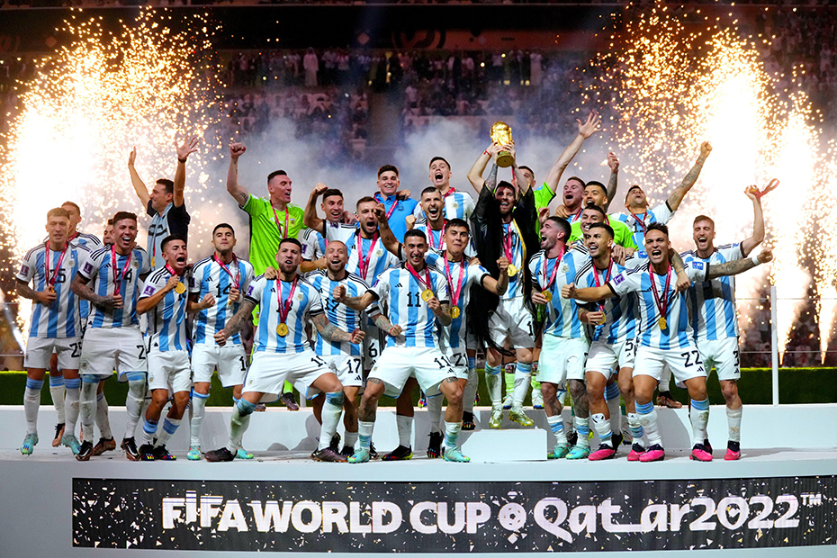 Argentina captain Lionel Messi lifts the FIFA World Cup trophy following victory over France in the FIFA World Cup Final match at the Lusail Stadium in Lusail, Qatar. 