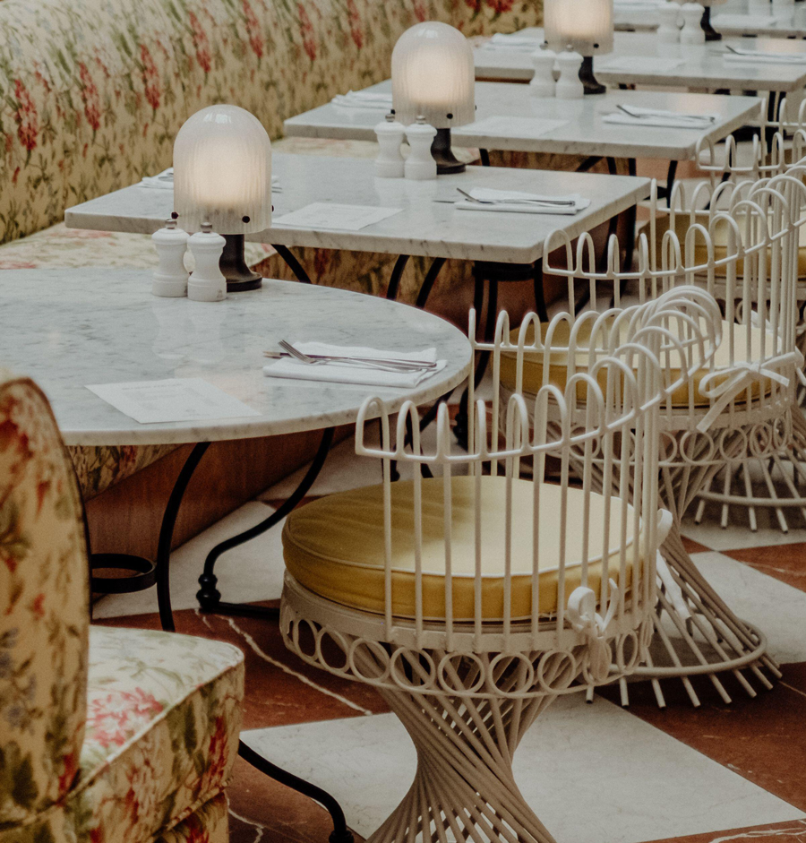 Tables and chairs in a restaurant showing local design, Copenhagen, Denmark