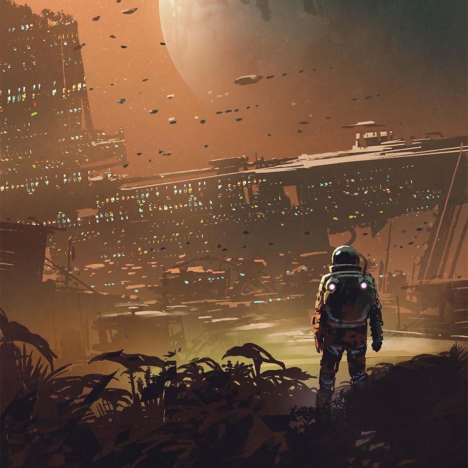 Un astronaute regardant une ville futuriste de la planète, style art numérique, illustration peinture.