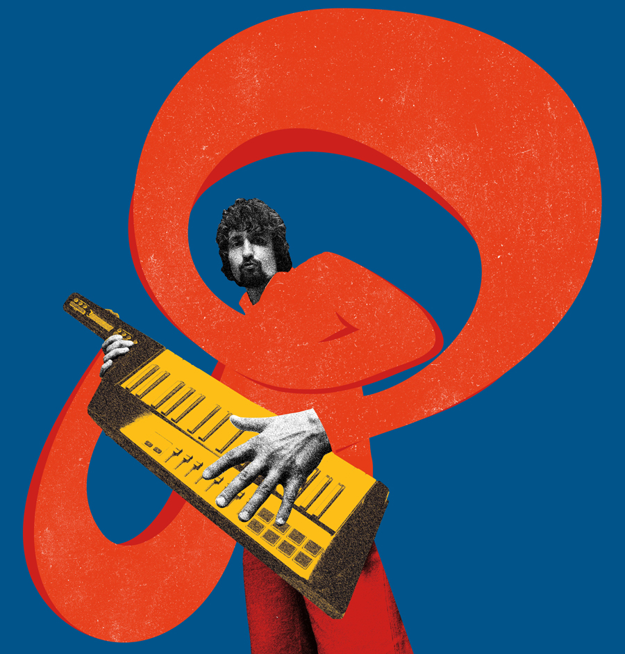 Homme barbu jouant du keytar jaune avec un geste expressif sur fond bleu avec des éléments abstraits rouges.