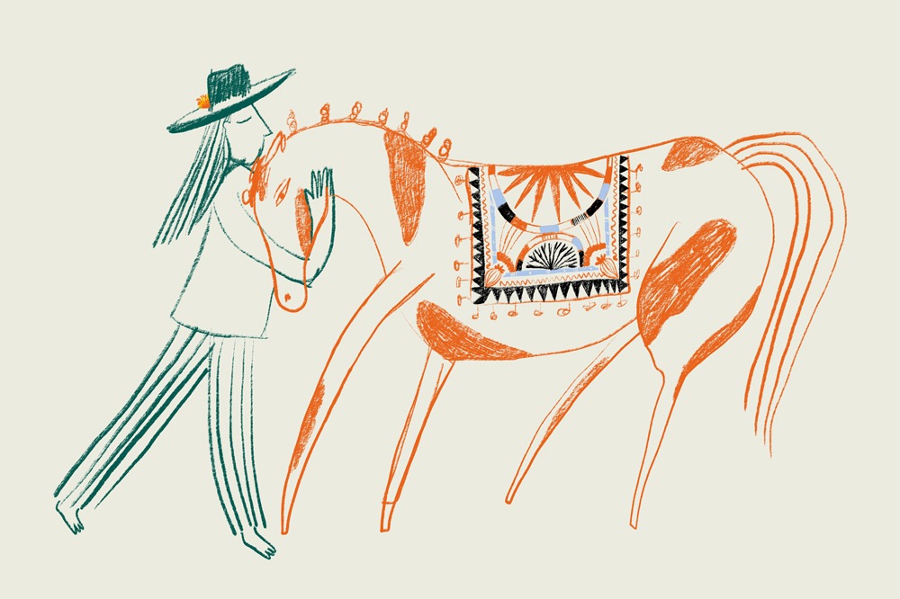 A vibrant illustration of a woman with a horse, highlighting desert colors and patterns