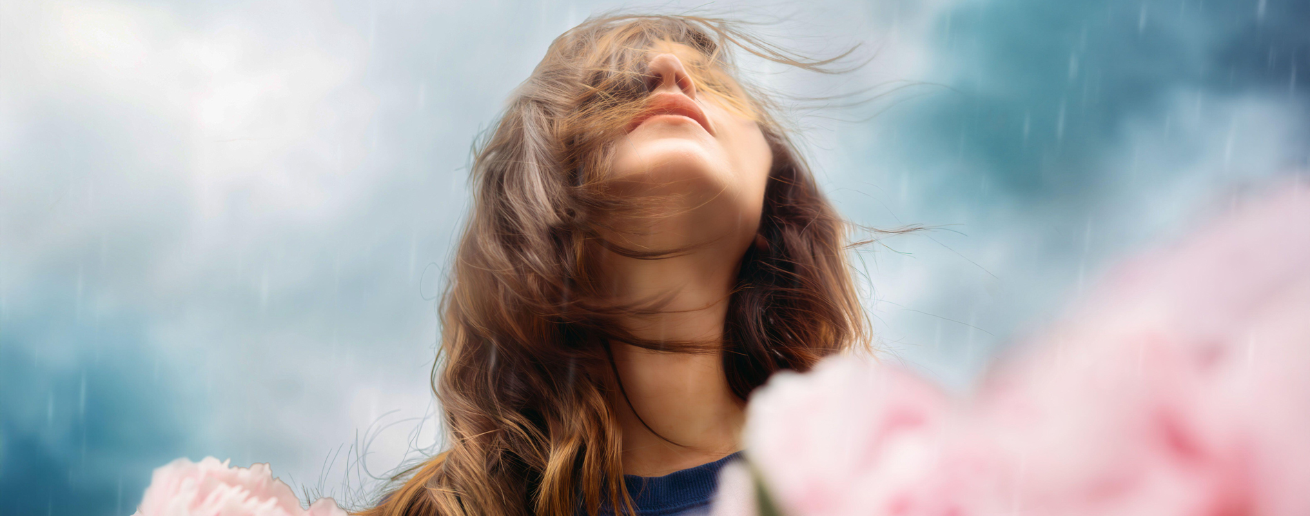 Woman looking Up in Rain with pink Flowers