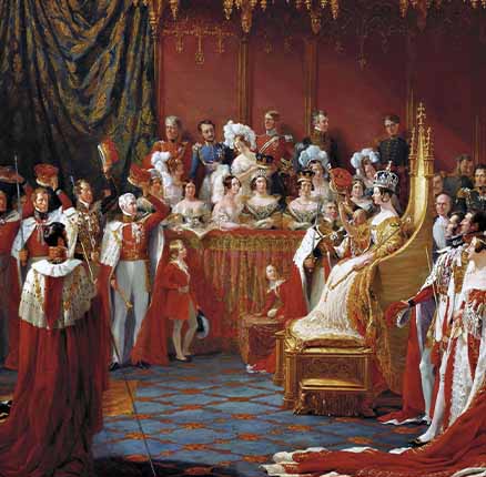 Painting of the Coronation of Queen Victoria of England. The Coronation of Queen Victoria in Westminster Abbey, 28 June 1838 by Sir George Hayter, oil on canvas, 1839