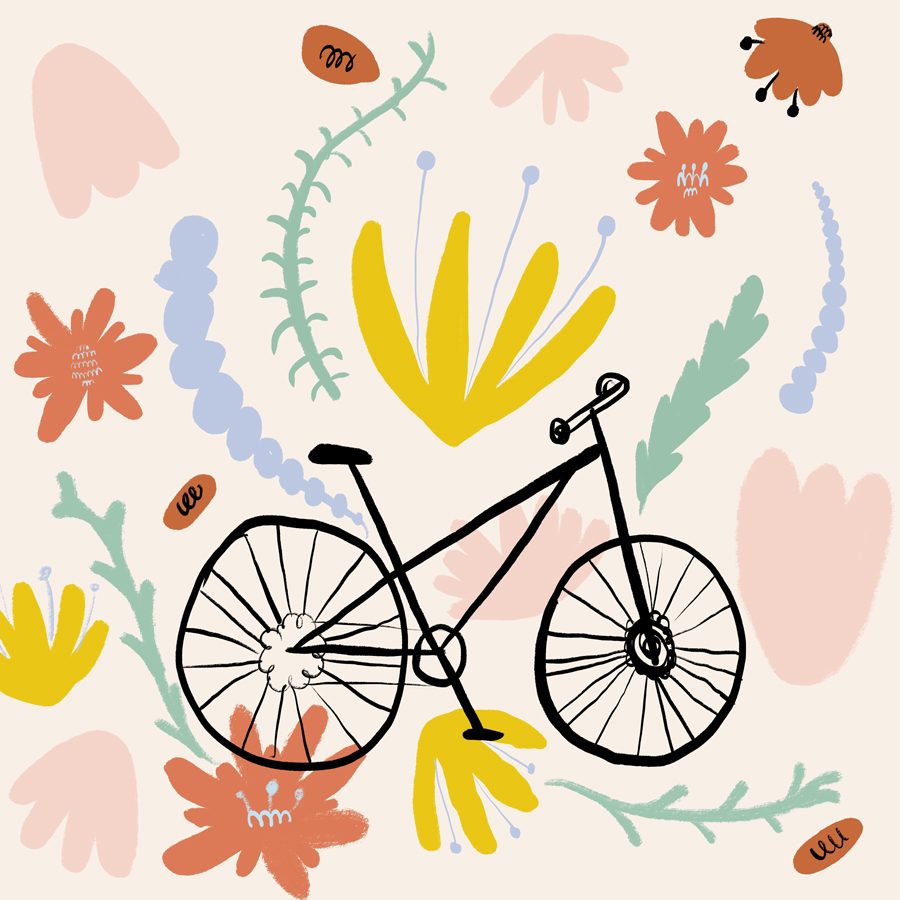 Hand drawn style vector illustration illustration of black bicycle amidst colorful flowers and plants against beige background