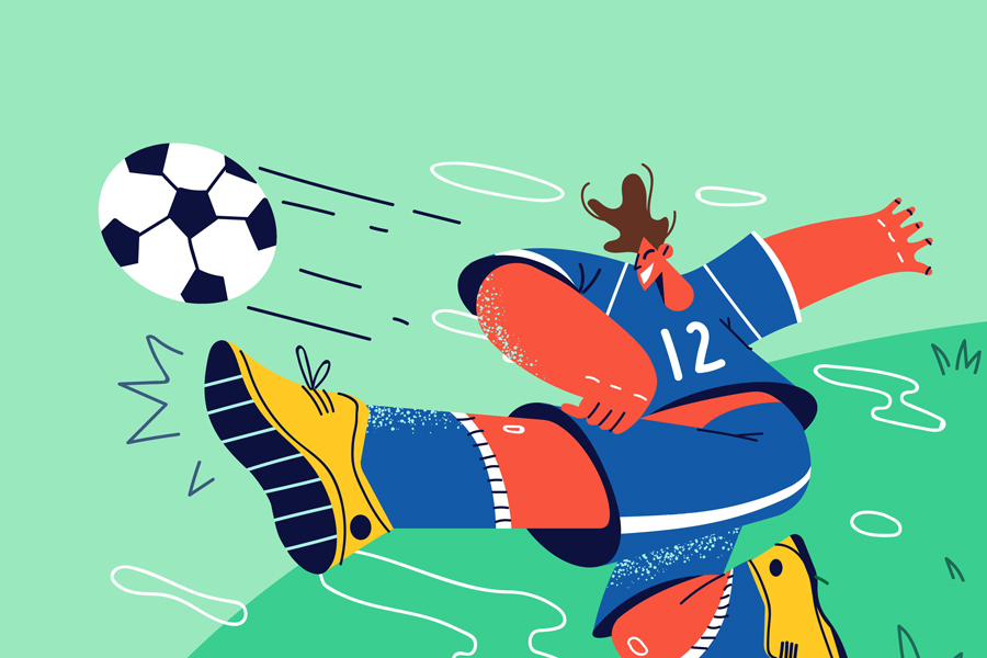 Jumping male footballer energetically kicking ball in a field, vectore illustration