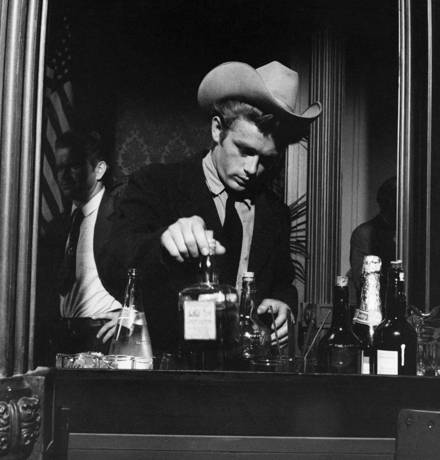 James Dean, photographed circa 1955, probably on the set of the film 'Giant.'