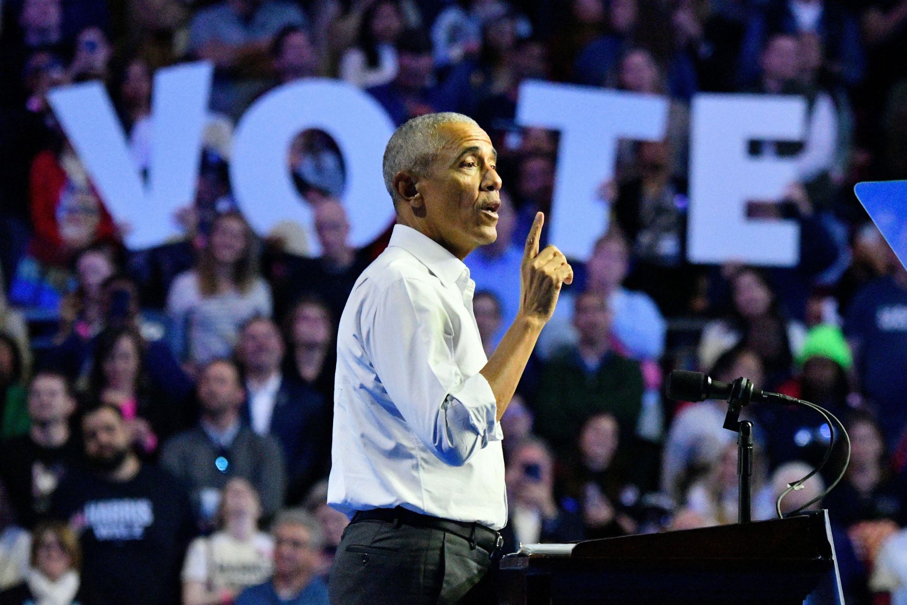 Philadelphia, Untied States. 28th Oct, 2024. Former US President Barack Obama speaks on stage as he and US artists Bruce Springsteen and John Legend campaign for Harris-Walz at the Liacouras Center in Philadelphia, PA, USA on October 28, 2024.