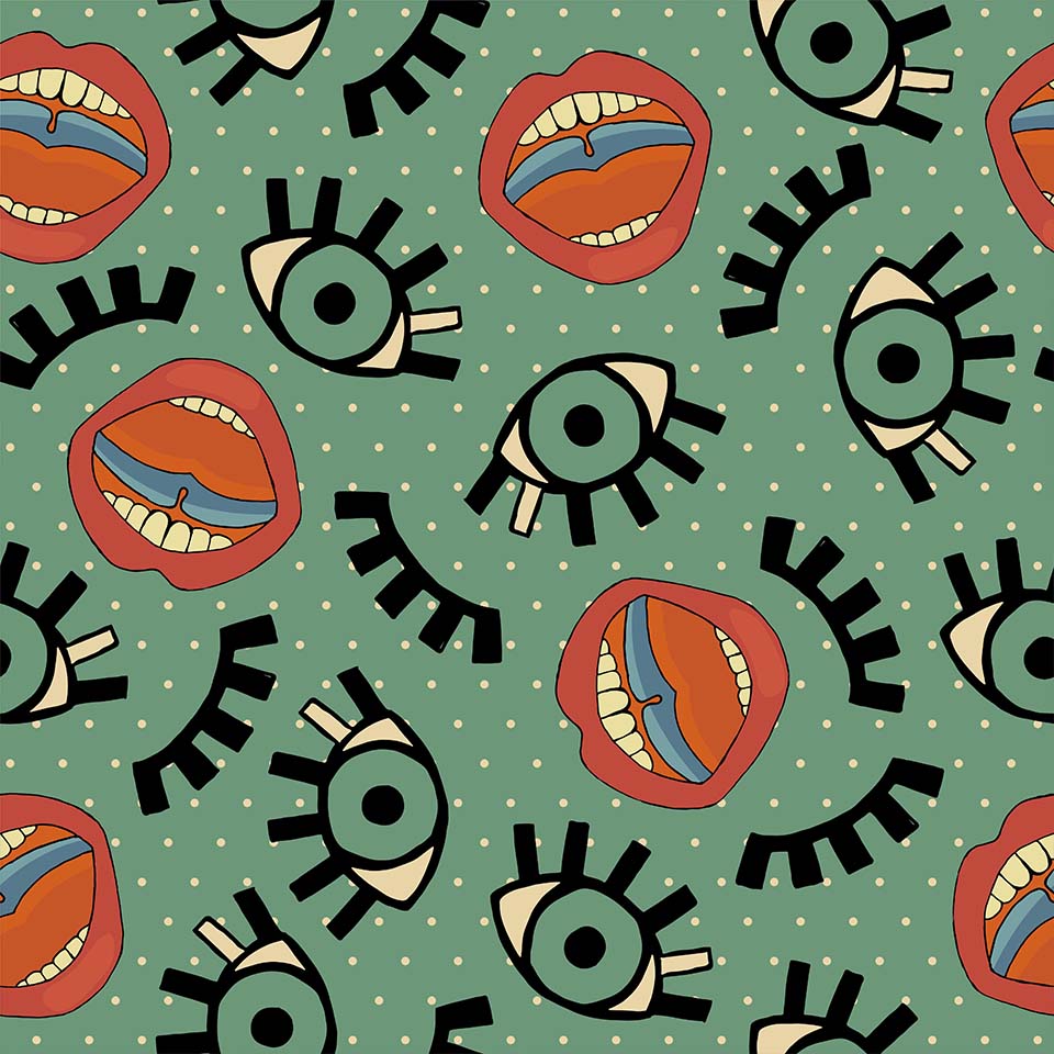 Motif sans couture avec des éléments Pop Art d'yeux et de lèvres. Illustration rétro vectorielle de mode à l'allure BD.