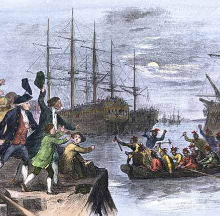 Colonials destroying British cargo of tea in the Boston Tea Party December 1773 known as the Boston Tea Party. Hand-colored woodcut