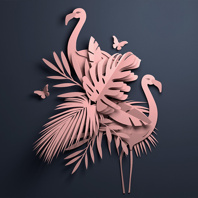 Arte in carta piegata origami. Sfondo tropicale con fenicotteri. Illustrazione in 3D.