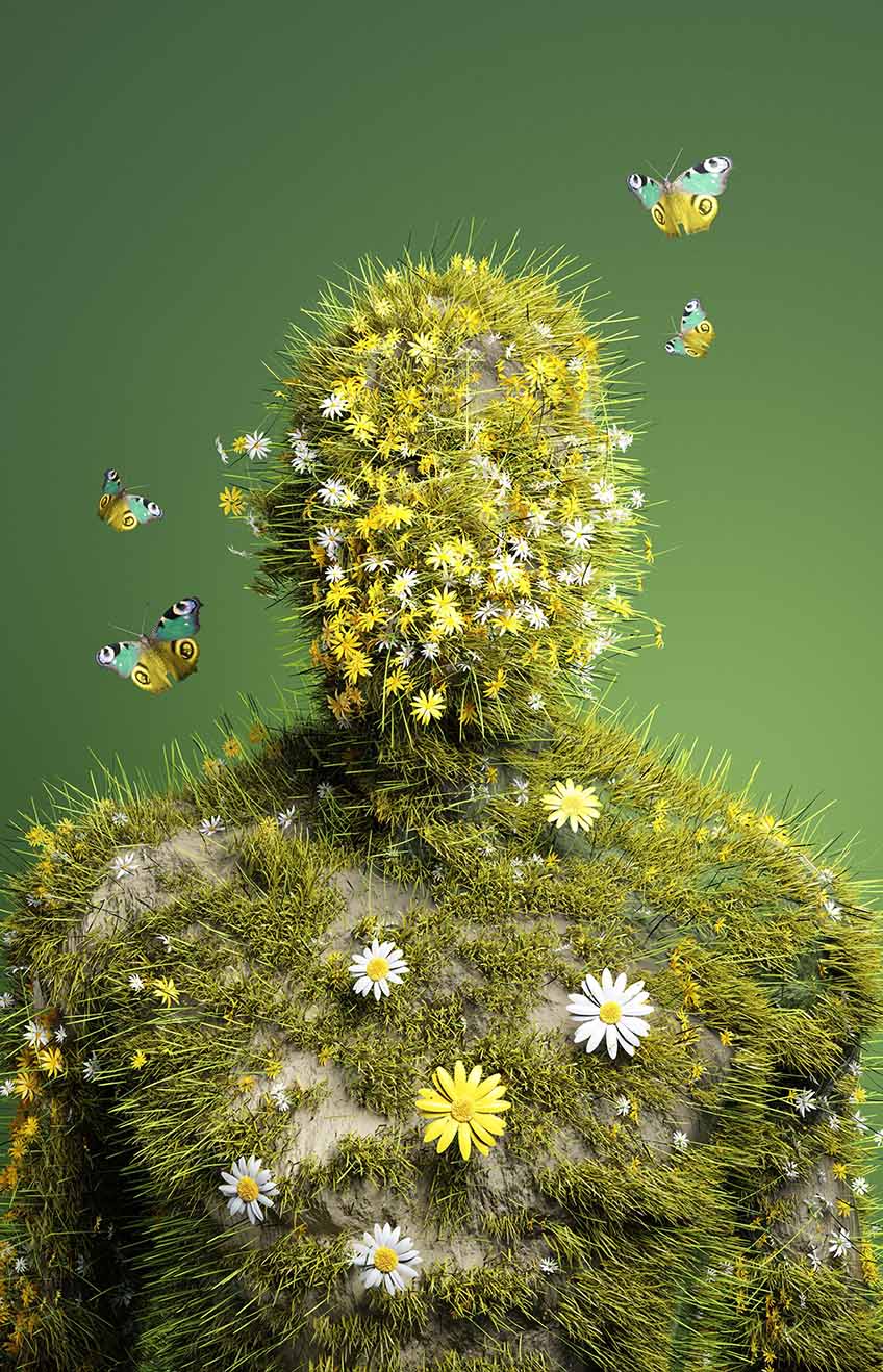 A human abstract figure made from natural organic materials such as wildflowers. Green living, People and the environment 3D illustration. 