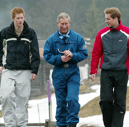 The Prince of Wales with his sons Harry (left) and William during a media photocall in Monbiel near the Swiss resort of Klosters where they are on their annual skiing holiday.