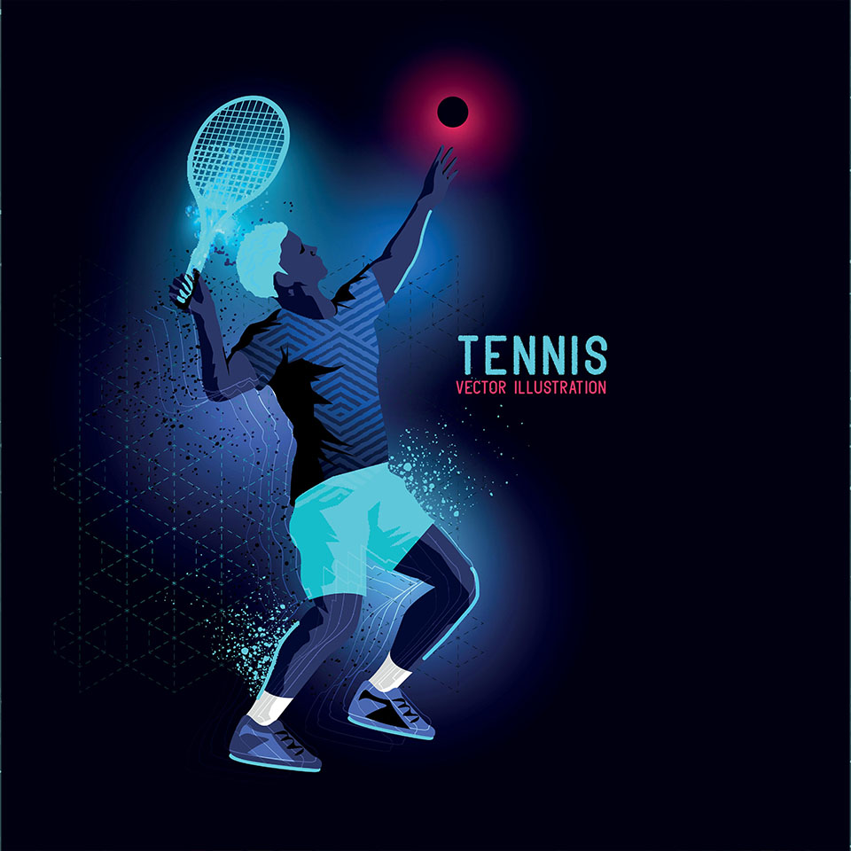 Neon glowing backlit silhouette of professional tennis player about to serve - vector illustration