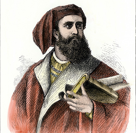 Venetian explorer Marco Polo. Hand-colored woodcut