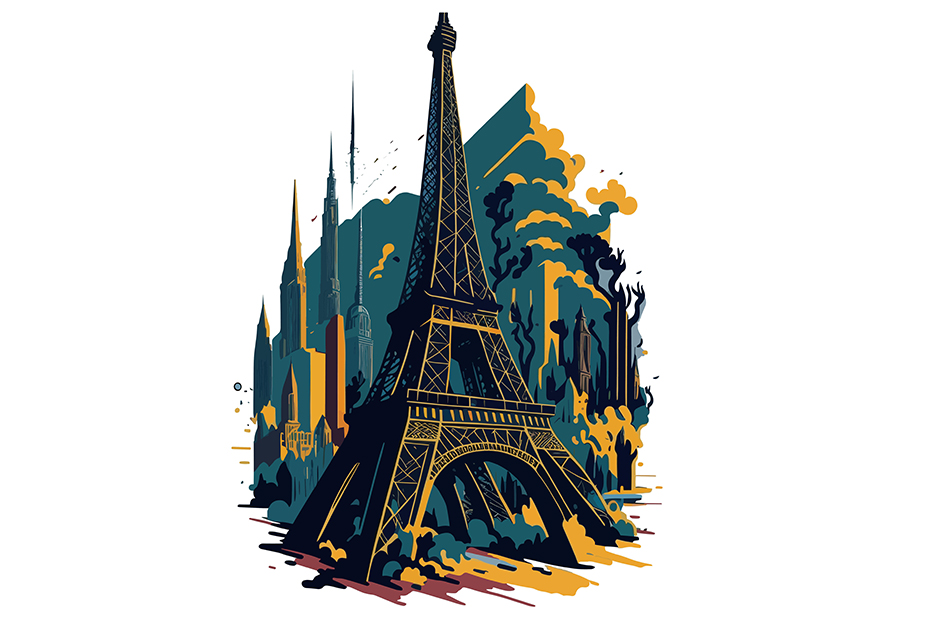  Illustrazione vettoriale del design architettonico iconico e famoso in stile vintage della Torre Eiffel francese.