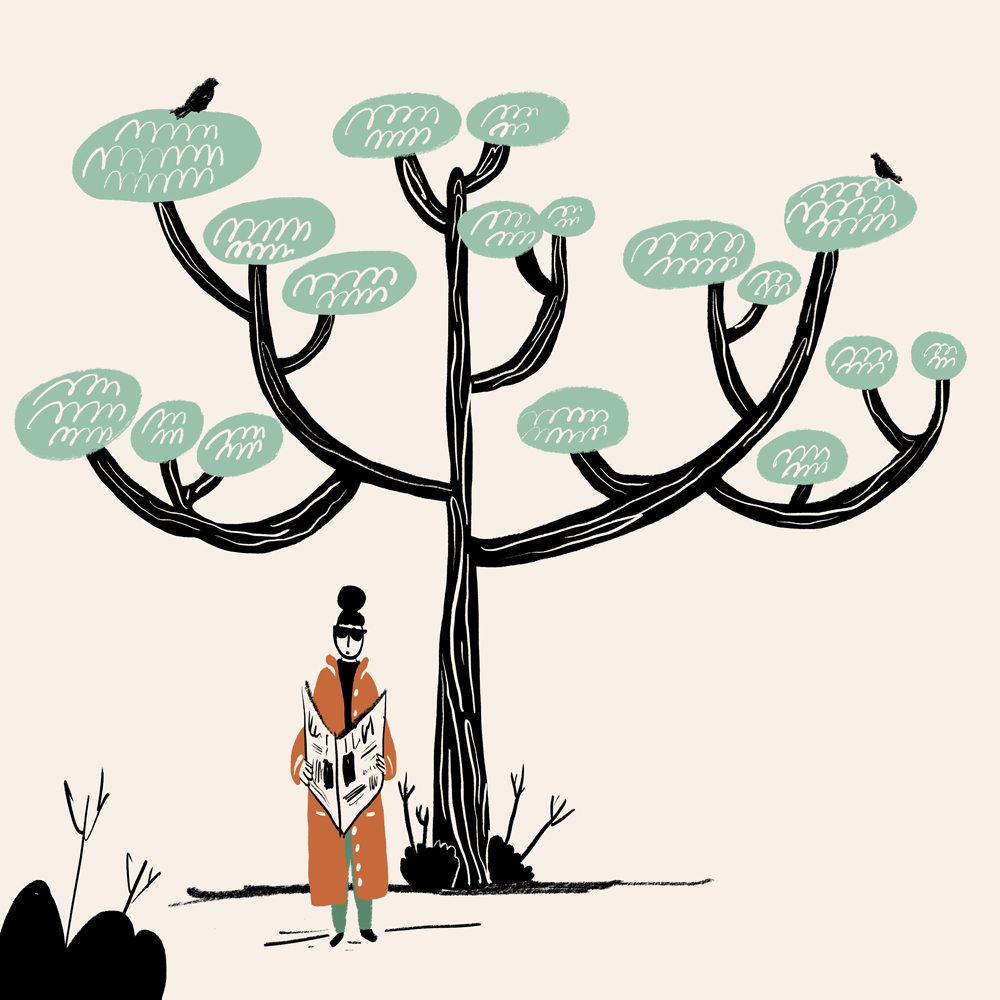 Simple illustration of female in coat reading newspaper while standing near lonely tree in park