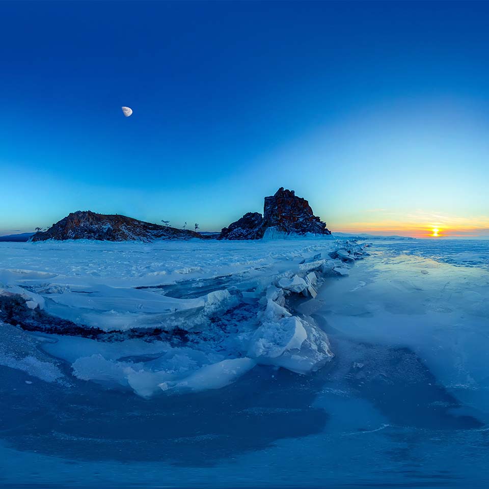 Cracks in the ice of Lake Baikal at the Shaman Rock on Olkhon Island. Spherical 360 degree vr panorama.