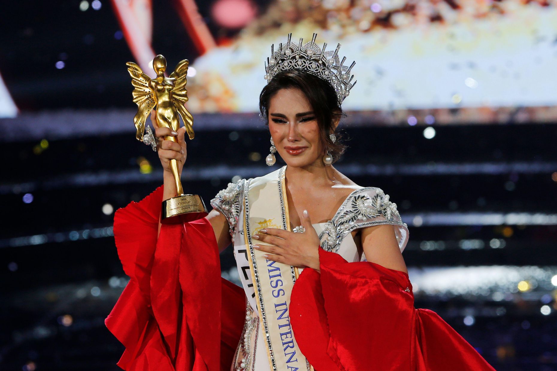 Peru's Catalina Marsano, celebrates after winning the Miss International Queen 2024 transsexual beauty pageant in Pattaya. The Miss International Queen is the world's biggest beauty pageant for transgender women. 