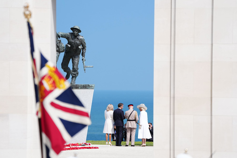 French President Emmanuel Macron with wife Brigitte and King Charles III and Queen Camilla during the UK national commemorative event for the 80th anniversary of D-Day, held at the British Normandy Memorial in Ver-sur-Mer, Normandy, France