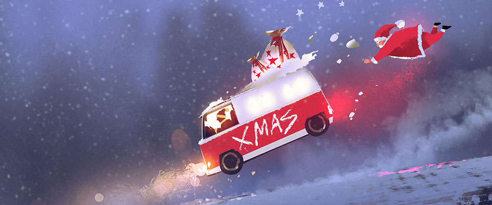 funny scene of santa claus and the van with christmas gift bags jumping on winter road,illustration painting