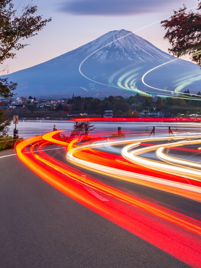 Traffic Light Trails to Fujisan at Kawaguchiko Lake, Japan