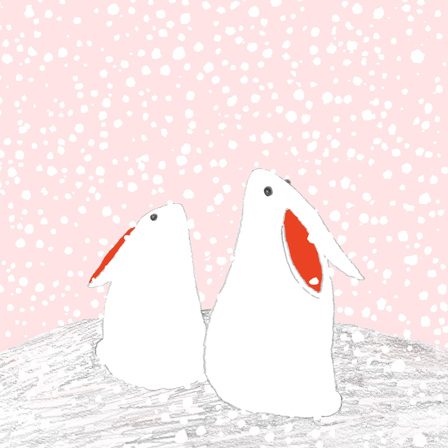 Nengajo card illustration of two cute white rabbits watching the snow falling