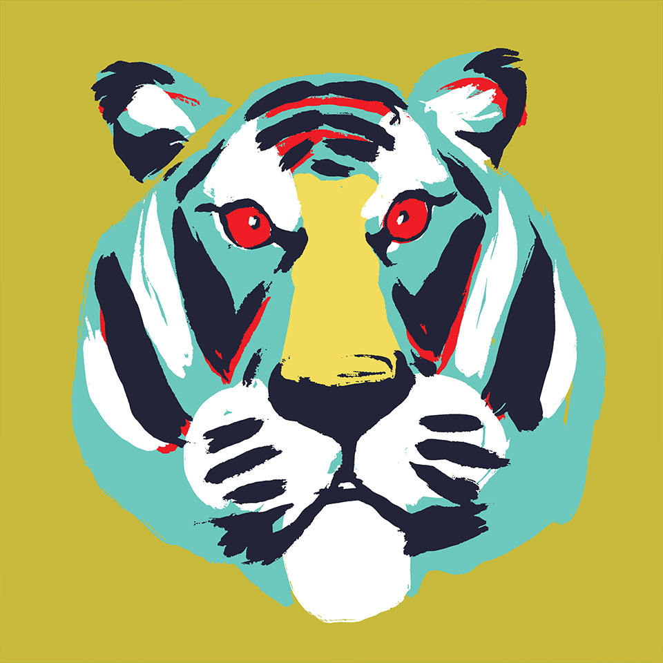 Abstract trendy drawing of a tiger. Colored head of a tiger. Isolated. Tiger - a symbol of 2022.