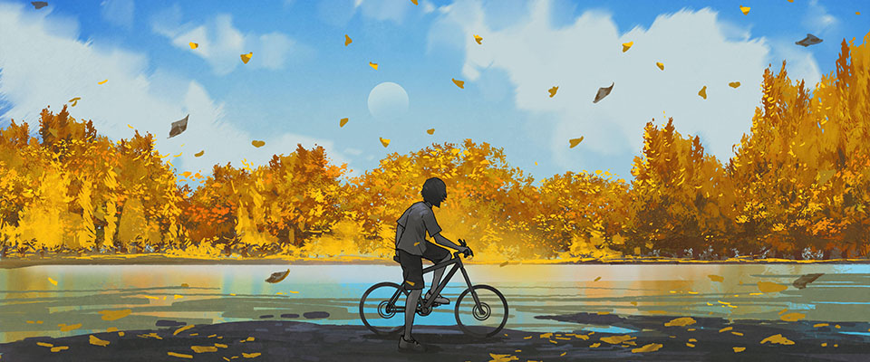 Junge auf einem Fahrrad, der den Herbstblick betrachtet, digitaler Kunststil, Illustrationsmalerei.