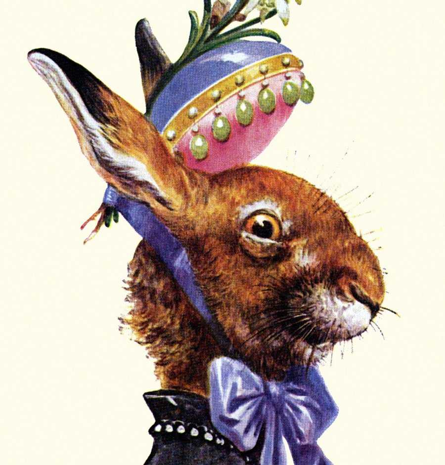 easter-bunny with easter egg on its head, greetings card, circa 1950s