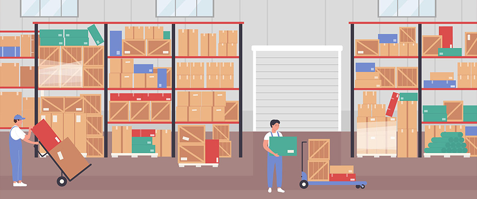 People worker working in warehouse vector illustration. Cartoon flat warehousing company staff characters packing parcel boxes in storehouse hangar interior, logistic service storage work background.