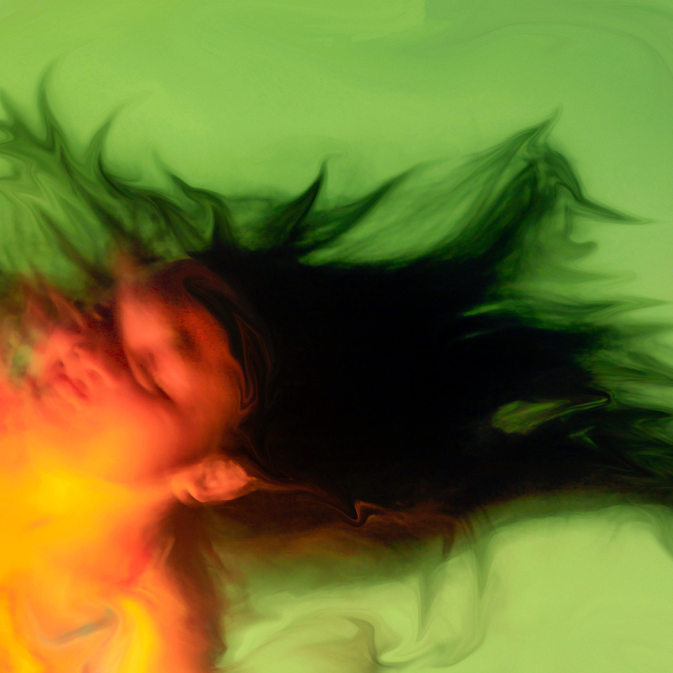 Photo manipulation of a young girl with long, black hair swimming underwater with a green background