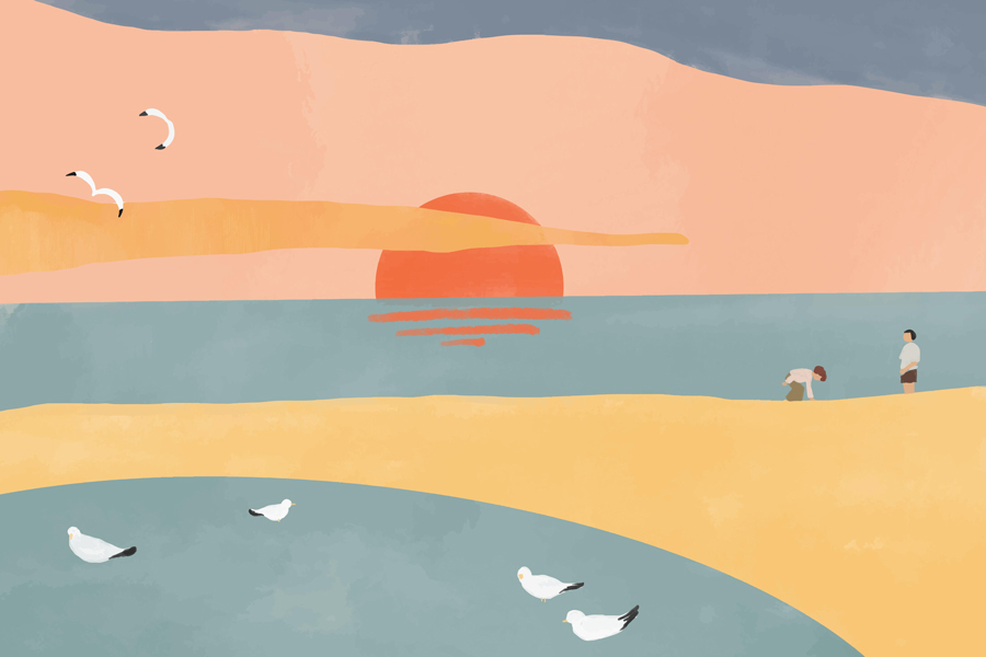 Sonnenuntergang über dem Horizont am Meer, mit zwei Menschen, die am Strand stehen, sowie fliegenden und schwimmenden Vögeln, im Aquarellstil