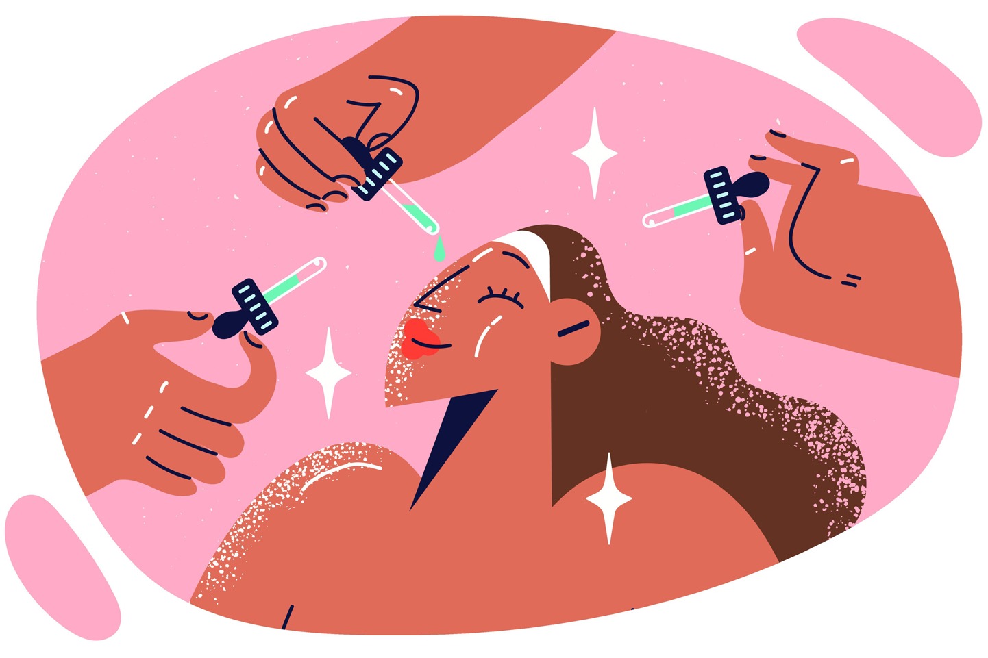 Vector illustration of hands of beautician near face of carefree girl visiting spa salon for skincare