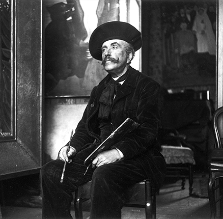 French artist Henri Rousseau (Le Douanier) in his studio at rue Perrel, in Paris, France, in 1907. The late artist's paintings are highlighted in the exhibition 'Henri Rousseau: Jungles in Paris,' at the National Gallery of Art in Washington, D.C.