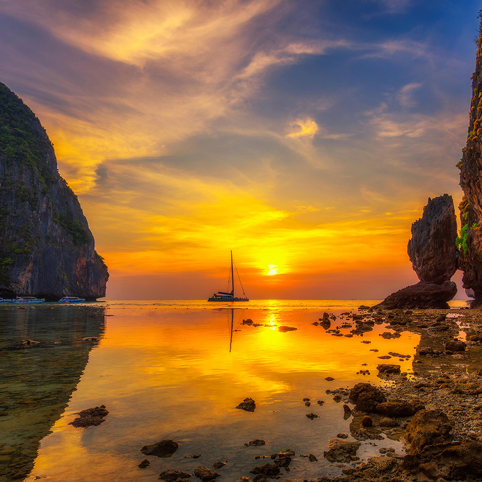 Sunset at the Maya beach on Koh Phi Phi island in Thailand