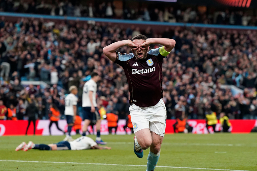 John McGinn of Aston Villa celebrates scoring their fourth goal during the Aston Villa vs Nottingham Forest UEFA Europa League semi final match 2nd leg match at Villa Park, Birmingham, 7th May, 2026.