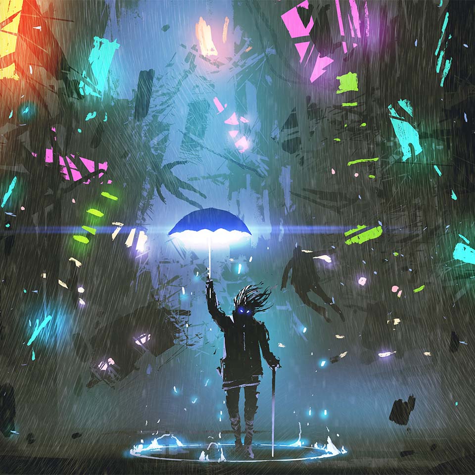 sci-fi scene showing the man holding a magic umbrella destroying futuristic city, digital art style, illustration painting