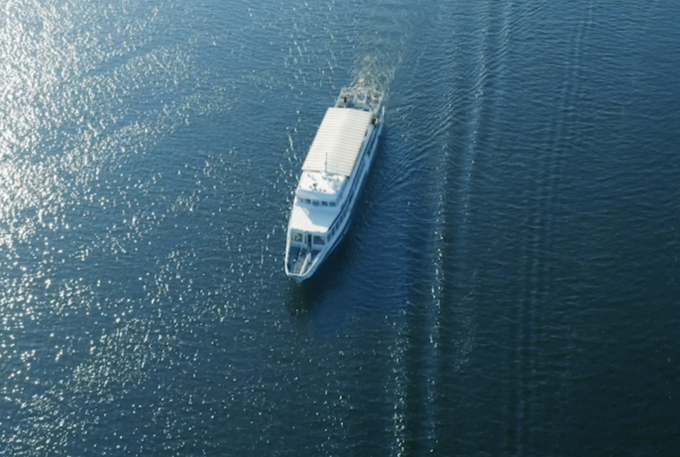 Aerial view of unrecognizable holiday cruiser (ship) sailing by sea