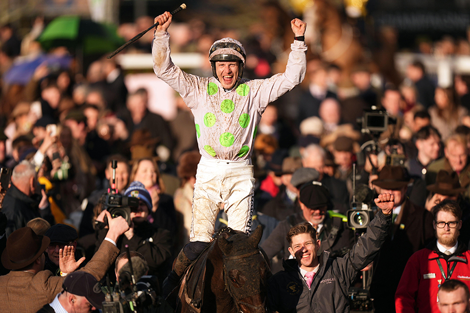 Paul Townend aboard Gaelic Warrior after winning the Boodles Cheltenham Gold Cup Chase on day four of the 2026 Cheltenham Festival at Cheltenham Racecourse.