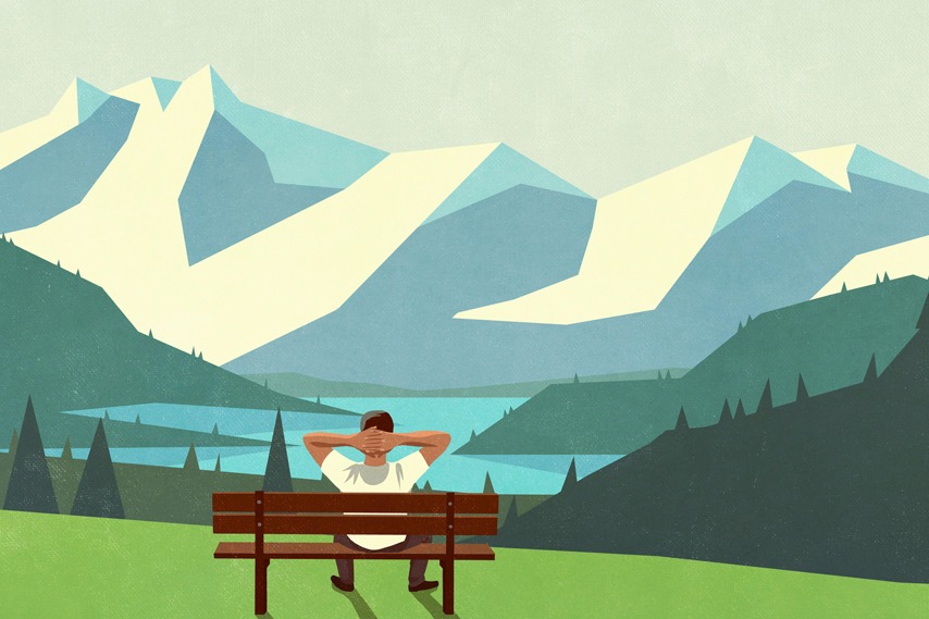 Illustration of man on bench enjoying scenic mountain landscape view