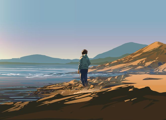 man standing on a rock looking at the shore on a sunny day, vector illustration - Image ID: 2EM82MD (RF)