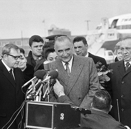 Georges Pompidou, President of the Republic of France, speaks to newsmen upon his arrival at Chicago’s O’Hare Airport Saturday, Feb. 28, 1970.