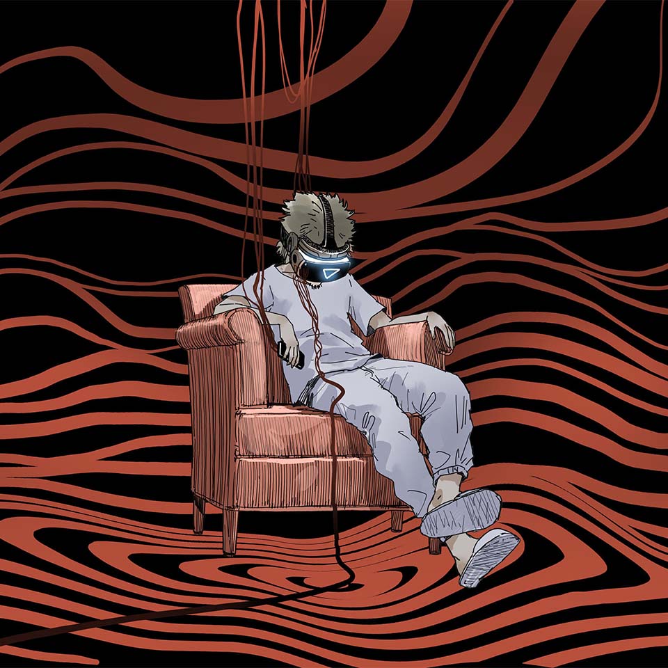 Un homme assis dans un fauteuil portant un casque de réalité virtuelle, style art numérique, peinture numérique.