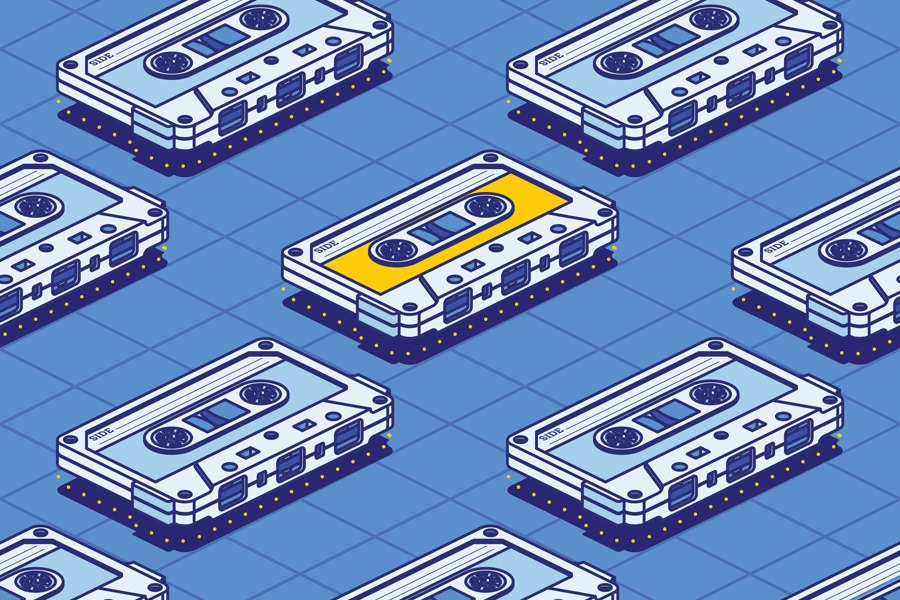 Vector showing Isometric Audio Cassette Tapes in a Seamless Pattern