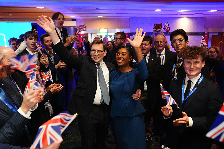 Conservative Party leader Kemi Badenoch with her husband, Hamish Badenoch, leaving the stage after delivering her keynote speech during the Conservative Party conference