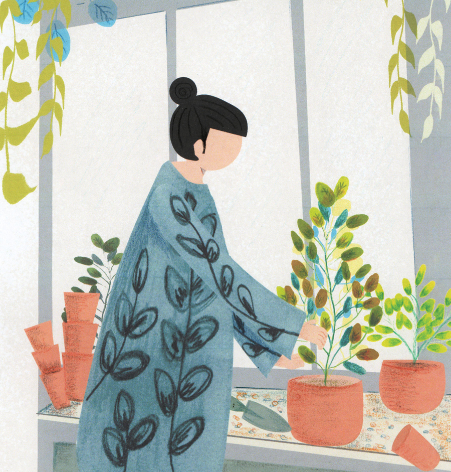 Illustrazione stilizzata di uno stile di vita di una donna che si prende cura delle piante in una serra